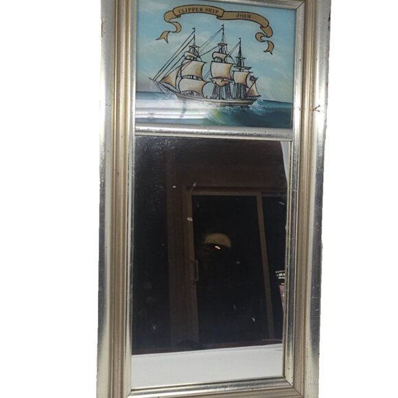 Vintage Trumeau Mirror Reverse Painted Glass Clipper Ship Eglomise Design Boston
